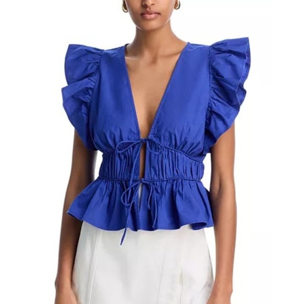 NWT Moon Orchid Ruffle Poplin Tie-Front Top Large Cobalt Blue Romantic Fairy